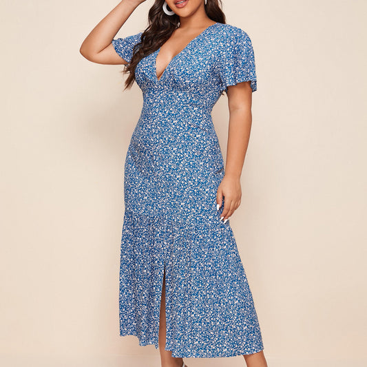 PLUNGING NECK DITSY FLORAL DRESS