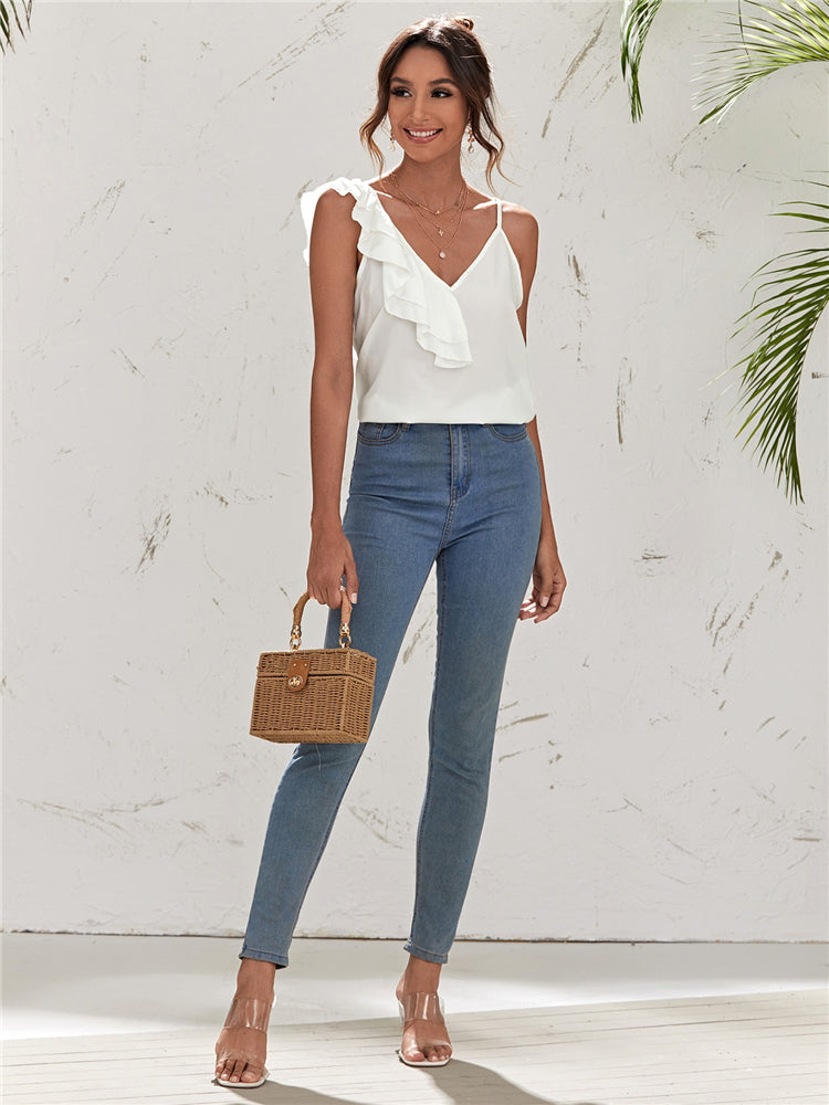 RUFFLE ASYMMETRICAL NECK TOP