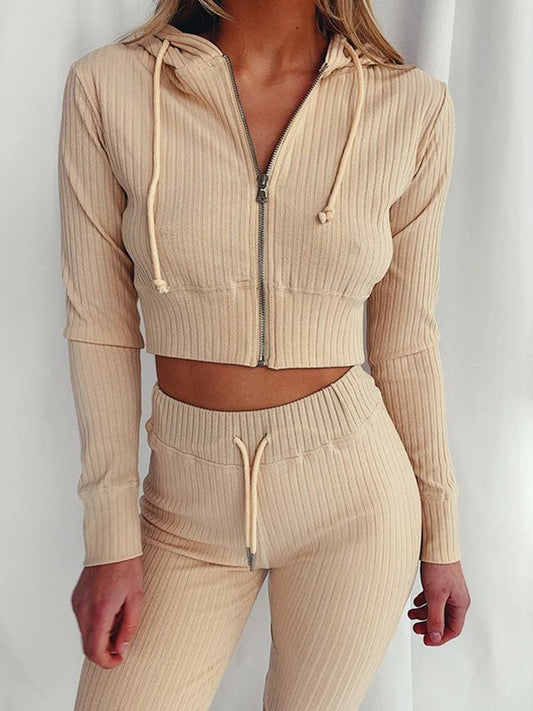 ZIP UP CROP HOODIE & DRAWSTRING WAIST PANT SET