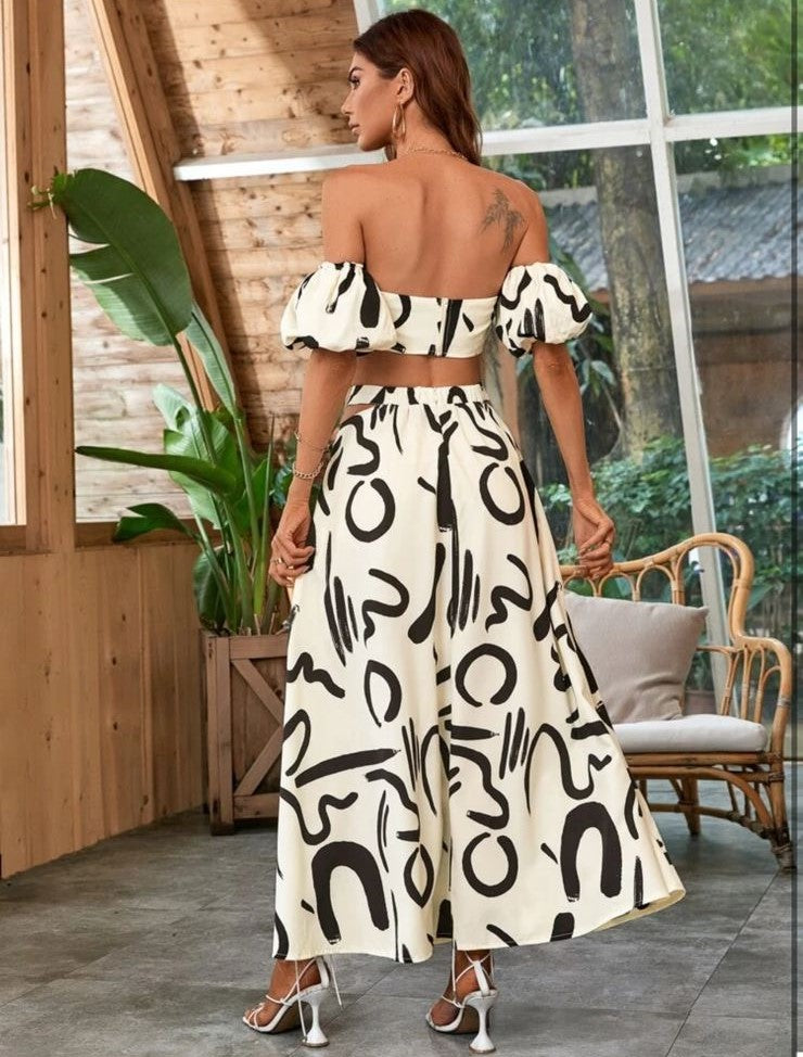BRUSH OFF PRINT OFF SHOULDER TOP CUT OUT WAIST SKIRT