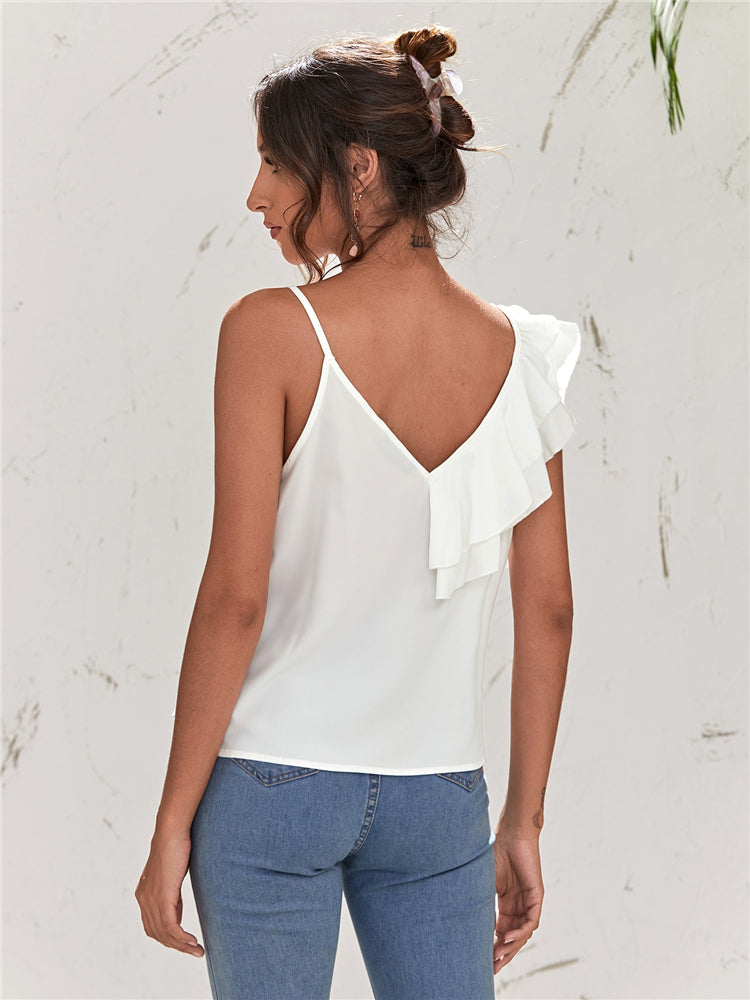 RUFFLE ASYMMETRICAL NECK TOP