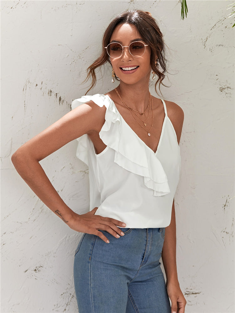 RUFFLE ASYMMETRICAL NECK TOP
