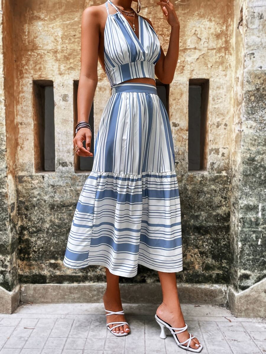 STRIPED BACKLESS HALTER TOP & RUFFLE HEM SKIRT