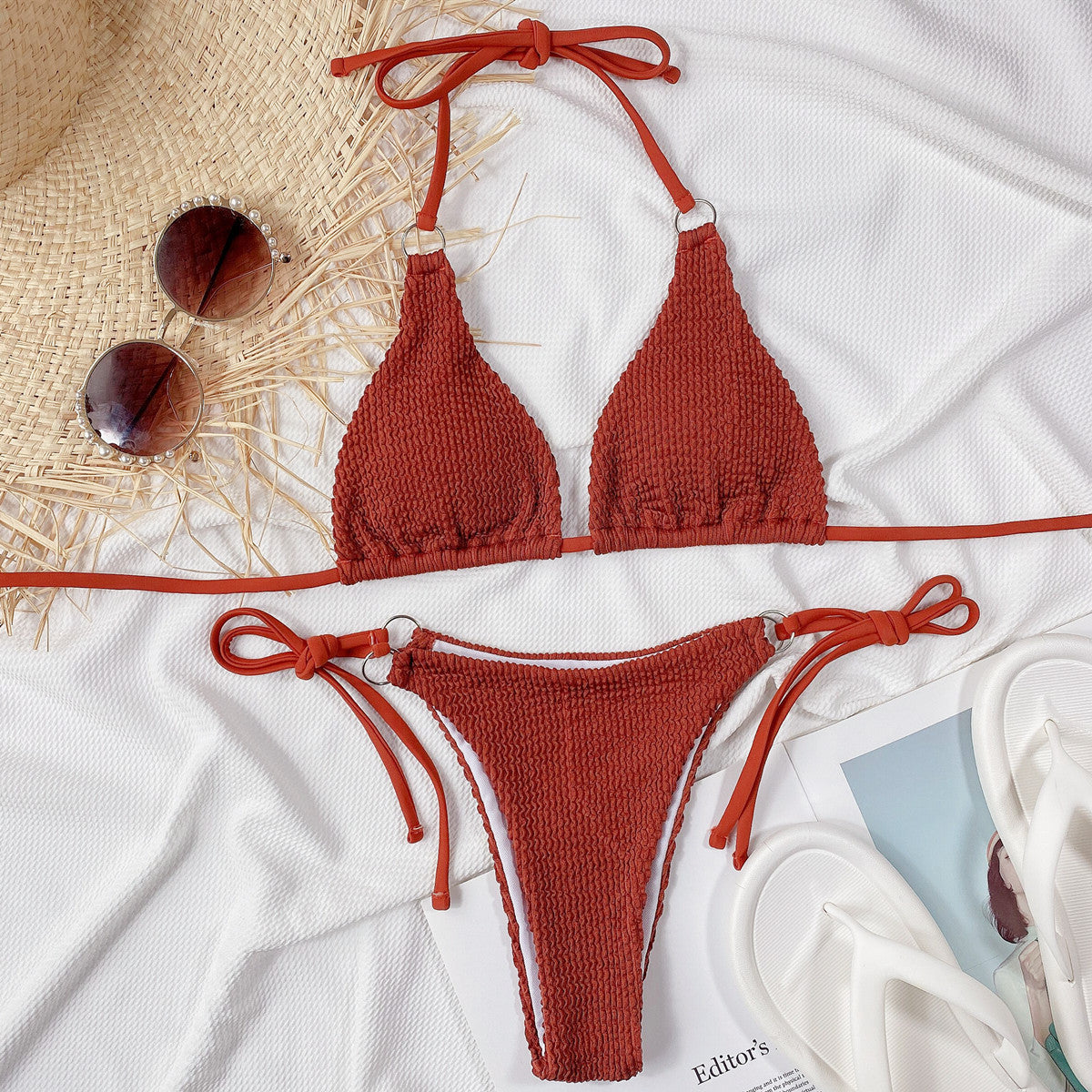 WRINKLE HALTER STRAPPY WRAP AROUND BIKINI