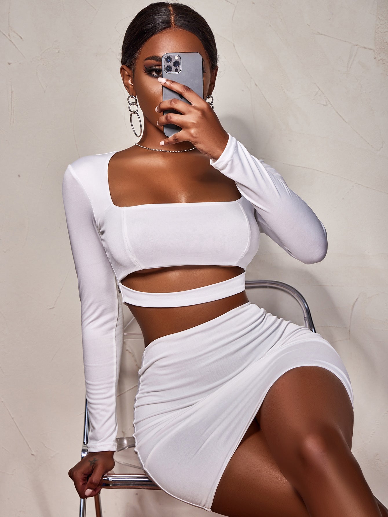 LONG SLEEVE CROP TOP AND HIGH WAIST BODYCON SKIRT