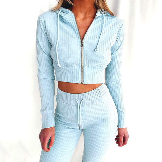 ZIP UP CROP HOODIE & DRAWSTRING WAIST PANT SET