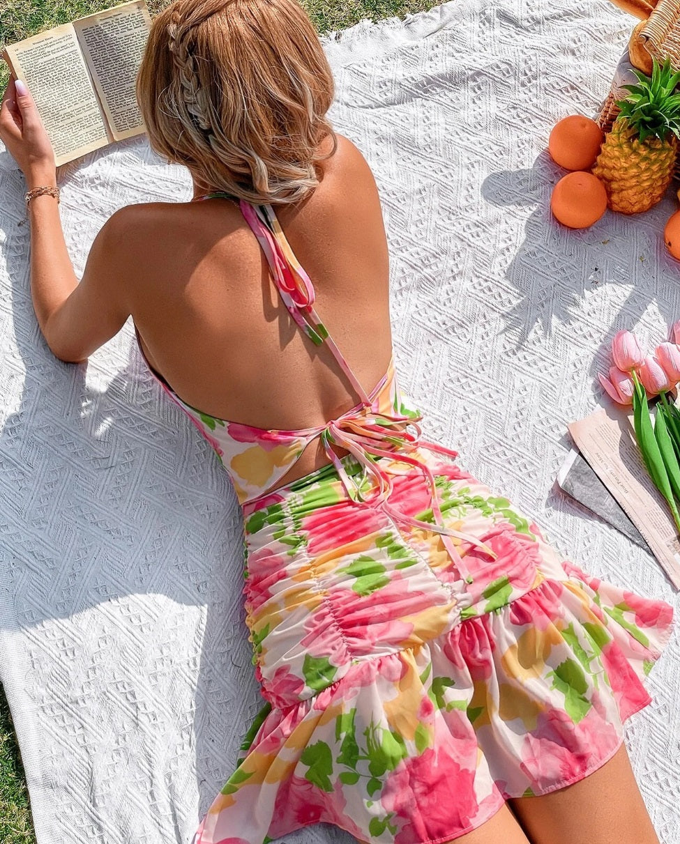 FLORAL PRINT HEM BELTED HALTER DRESS